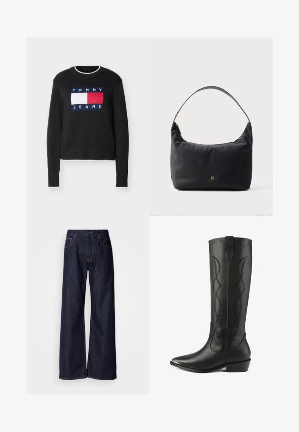 Pull noir à col ras du cou avec logo Tommy Jeans blanc et rouge sur le devant, poignets et ourlet côtelés, et bordures blanches sur le col, les poignets et l'ourlet.; Jean en denim noir à jambes larges et taille haute, avec poches avant et détails de couture subtils. Texture lisse avec une coupe classique.; Des bottes noires en cuir hautes présentent un bout pointu, un talon carré et des coutures décoratives avec des lignes entrelacées le long de la tige.; Sac bandoulière noir en matériau lisse, avec une sangle incurvée et des accessoires dorés, doté d'une fermeture éclair et d'un logo embossé.