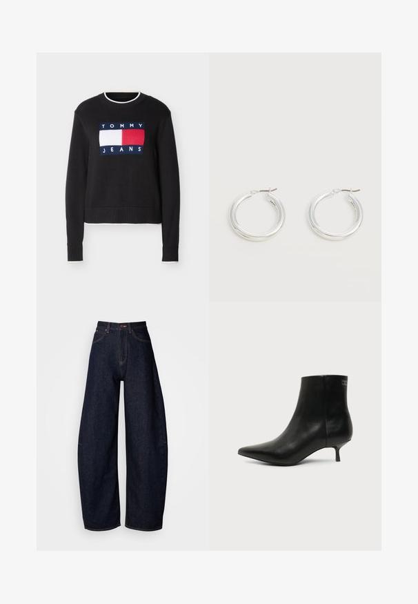 Čierny sveter s okrúhlym výstrihom s logom Tommy Jeans v bielej a červenej farbe na prednej strane, rebrovanými manžetami a lemom, a bielym lemovaním na golieri, manžetách a leme.; Tmavomodré džínsy s širokými nohavicami, vyrobené z denimu, s vysokým pásom, straight cut, dizajnom s piatimi vreckami a kontrastným šitím.; Čierna kožená členková šnúrovacia obuv s ostrou špičkou a nízkym kitten podpätkom na svetlom pozadí, pohľad z vonkajšej strany.; Pár stredne veľkých lesklých strieborných kruhových náušníc s tenkými kovovými zapínaniami na svetlom neutrálnom pozadí.