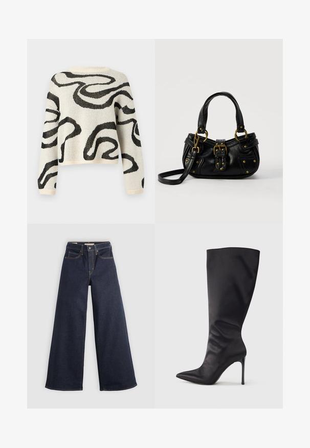 Striktrøje i creme med sort abstrakt svirvelmønster, løs pasform, lange ærmer, rund halsudskæring, tekstureret stof og ribkantede manchetter.; Bredde ben denim jeans i mørkeblå med kontrastsyninger. Har det traditionelle fem-lomme design og en knaplukning ved taljen.; Sort knæhøj stiletstøvle lavet af glat, glansfuldt materiale; spids tå; tætsiddende pasform med let samling nær anklen; skinnende hæl.; Sort læderhåndtaske med guldbælge og nitdetaljer, korte håndtag og en justerbar skulderrem på en ensfarvet hvid baggrund.