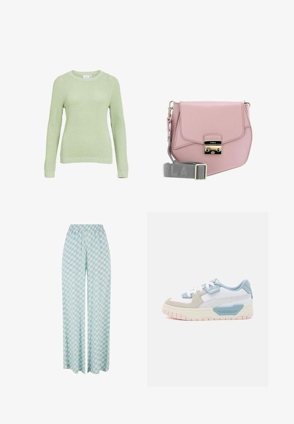 Pull en maille vert clair avec une surface texturée, col rond, manches longues, poignets et ourlet côtelés.; Pantalons larges bleu clair présentant un motif à carreaux dans des teintes alternées, avec une taille élastique pour le confort.; Baskets avec une tige en cuir blanc, des accents bleu clair, des panneaux en suède beige et une semelle en caoutchouc rose texturée ; logo brodé sur le côté.; Sac à bandoulière en cuir rose avec un rabat, quincaillerie argentée, et une bandoulière grise arborant le nom de la marque. Texture lisse, design minimaliste.