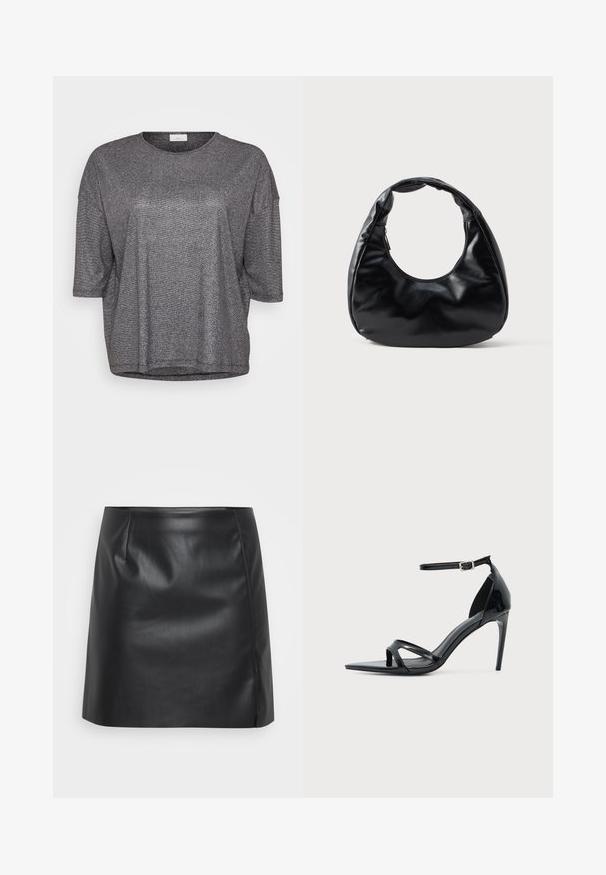 Grijze metalen kortärmige top met een ronde halslijn en een losse pasvorm. Heeft een gladde, glanzende textuur en een subtiele sparkle-effect.; Zwart leren miniskirt met een gladde textuur, voorzien van een licht uitlopende vorm, plooien aan de voorkant en een zijnaad voor extra detail.; Zwarte lakleren sandalen met hoge hak, dunne enkelband, open teen en minimalistisch ontwerp op een effen lichte achtergrond.; Zwarte neplederen handtas met een unieke halve maanvorm, een brede, gevoerde handgreep en een ritssluiting. Glad, glanzend oppervlak, minimalistisch ontwerp.