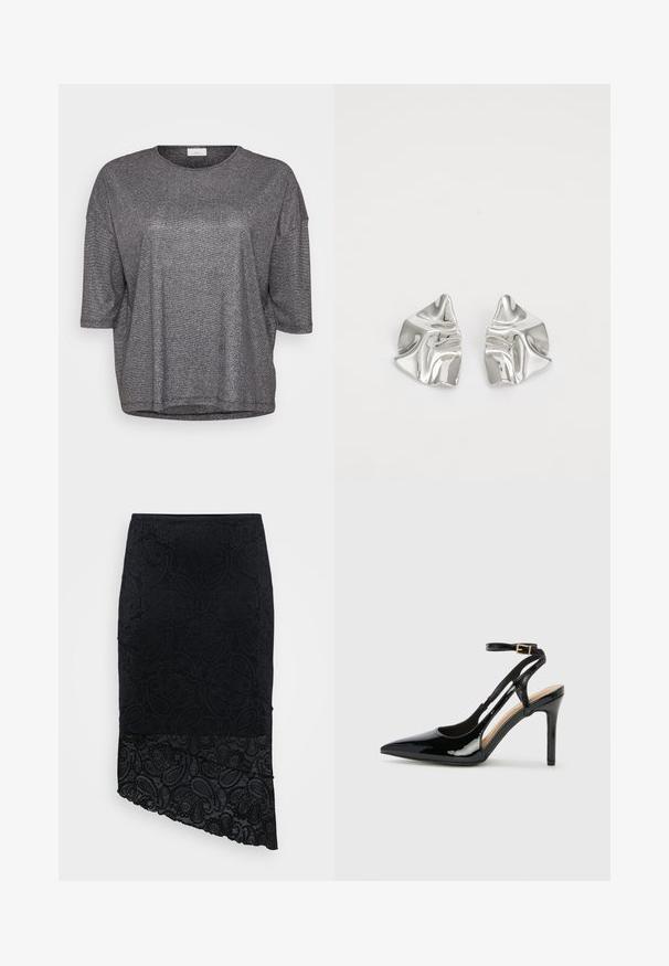 Grijze metalen kortärmige top met een ronde halslijn en een losse pasvorm. Heeft een gladde, glanzende textuur en een subtiele sparkle-effect.; Zwarte rok met een gestructureerd paisleypatroon, asymmetrische zoom en kantafwerking aan de onderkant. Gemaakt van een zachte, rekbare stof.; Zwarte lakleren hoge hak slingback schoenen met spitse neus, verstelbare enkelband en open zijkanten. Gladde textuur.; Zilveren metalen oorbellen met een golvend, sculpturaal ontwerp, voorzien van een gepolijste afwerking en onregelmatige vormen, die een hedendaagse esthetiek benadrukken.
