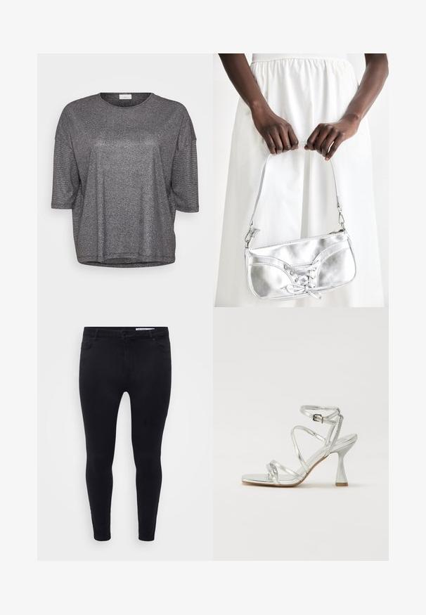 Grå metallisk kortærmet top med rund halsudskæring og en løs pasform. Har en glat, skinnende tekstur og en subtil glitrende effekt.; Sorte slim-fit jeans lavet af strækbart denim, med en frontlukkedrag og bælteløkker, samt fem lommer med en glat overflade.; Sølv høje hæle sandaler med flere krydsschooler, en spændeankelrem og en skulptureret hæl, med en skinnende metallisk finish.; Sølvmetallic håndtaske med snøredetaljer, der har et slankt design og en kort strop. Tasken holdes i hænderne for at fremvise dens tekstur.