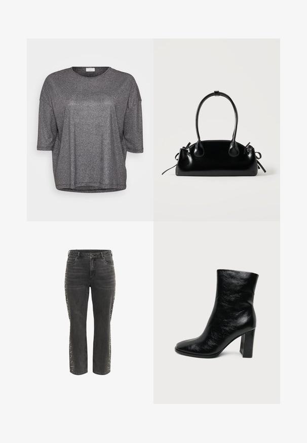 Haut court à manches courtes en métal gris avec un col rond et une coupe ample. Il présente une texture lisse et brillante avec un léger effet scintillant.; Jean droit noir taille haute avec bouton en métal, poches avant et petits clous argentés le long des coutures latérales.; Bottine en cuir noir brillant avec un bout arrondi et un talon haut épais sur un fond clair uni.; Petit sac à main noir brillant avec deux longues anses et des détails à cordon sur les côtés sur un fond clair uni.