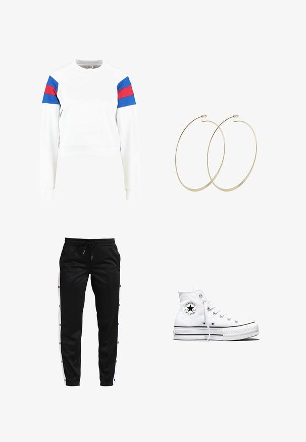 Sweatshirt blanc raccourci à manches longues, avec des rayures horizontales bleues et rouges sur les épaules, fabriqué en tissu doux avec des poignets côtelés.; Pantalons de sport noirs avec panneaux latéraux blancs, possédant des détails à pression le long des coutures extérieures et une taille réglable avec cordon.; Baskets montantes blanches Converse Chuck Taylor All Star avec patch logo noir et lacets blancs, présentées sur fond blanc.; Pilgrim Boucles d'oreilles - gold-coloured