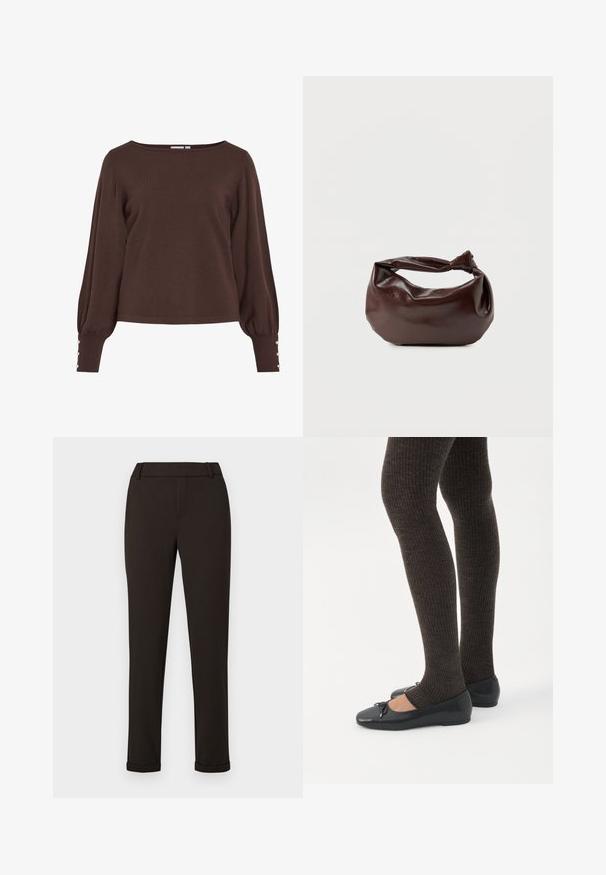 Brun strikket sweater med bådudskæring, lange pufærmer og knapdetaljer ved ærmekanterne. Har en afslappet pasform og en glat tekstur.; Sorte slim-fit bukser med bæltestropper og manchetter mod en ensfarvet hvid baggrund.; Ben iført mørke ribbede leggings kombineret med sorte balletsko med små sløjfedetaljer på hvid baggrund.; Mørkebrun læder skuldertaske med en blød, afslappet form og et snoet knudehåndtag på en ensartet hvid baggrund.