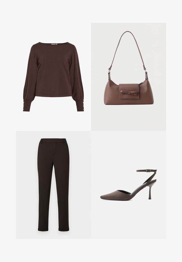 Pull marron tricoté avec un col bateau, de longues manches bouffantes et des détails à boutons aux poignets. Caractérisé par une coupe décontractée et une texture lisse.; Pantalon slim noir avec passants de ceinture et poignets sur fond blanc uni.; Chaussure à talon haut en daim marron à bout pointu, avec une fine bride de cheville et une boucle argentée sur fond blanc.; Sac à bandoulière en cuir marron avec une poche à rabat avant ornée d'un détail en forme de nœud cousu et une sangle réglable.