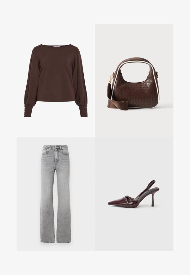 Brun strikket sweater med bådudskæring, lange pufærmer og knapdetaljer ved ærmekanterne. Har en afslappet pasform og en glat tekstur.; Slidsegrå denimjeans med lige ben, knap- og lynlåsclosure, frontlommer og bæltestropper på en hvid baggrund.; Bourgogne laklæder slingback-hæl med spids tå, tynd ankelrem og lille dekorativ spænde. Glat tekstur og høj hæl.; Brun vævet læderhåndtaske med hvid piping, guldfarvet lynlås og aftagelig brun stofskulderrem.