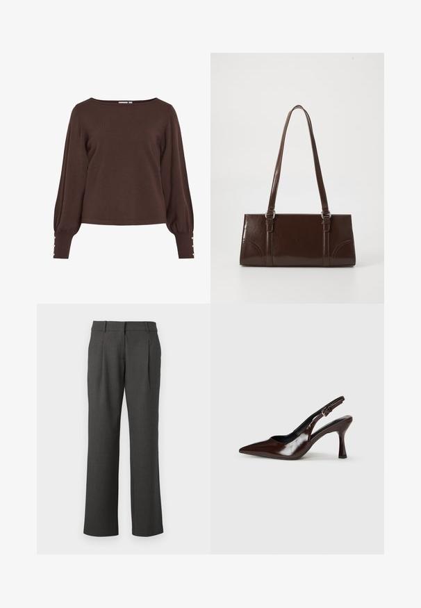 Pull marron tricoté avec un col bateau, de longues manches bouffantes et des détails à boutons aux poignets. Caractérisé par une coupe décontractée et une texture lisse.; Pantalons formels gris foncé avec des jambes droites, des passants de ceinture et des plis avant, présentés sur un fond blanc.; Talons slingback en cuir verni brun avec un bout pointu, un talon fin, et une sangle réglable avec une petite boucle.; Sac à main en cuir verni marron de forme rectangulaire, avec deux longues poignées et des accents courbés subtils à l'avant.