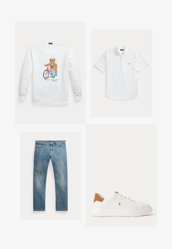 Hvid sweatshirt med en grafik af en bjørn iført solbriller, en orange jakke og jeans, der står ved siden af en rød cykel.; Hvid kortærmet skjorte med knapper, lavet af bomuld, med klassisk krave og et lille marineblåt logo på venstre bryst.; Lyseblå denimjeans med lige snit, knaplynlås, fem lommer, diskret slid og syninger som detalje.; Hvid lavtop sneaker med tan hælfane, hvide snørebånd og lille broderet polo-spiller logo på siden over en tyk sål.