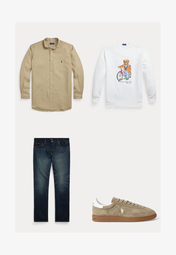 Hvid sweatshirt med en grafik af en bjørn iført solbriller, en orange jakke og jeans, der står ved siden af en rød cykel.; Beige langærmet skjorte med knapper, krave, forreste knapper og lille mørkeblå broderet logo på venstre bryst.; Mørkeblå denimjeans med subtil falming på forreste lår og orange syninger, med knap- og lynlåslukning samt fem lommer.; Beige lavskoet ruskindesneaker med brun sål, hvid hældetalje, snørebånd og en hvid broderet polospillerlogo på siden.
