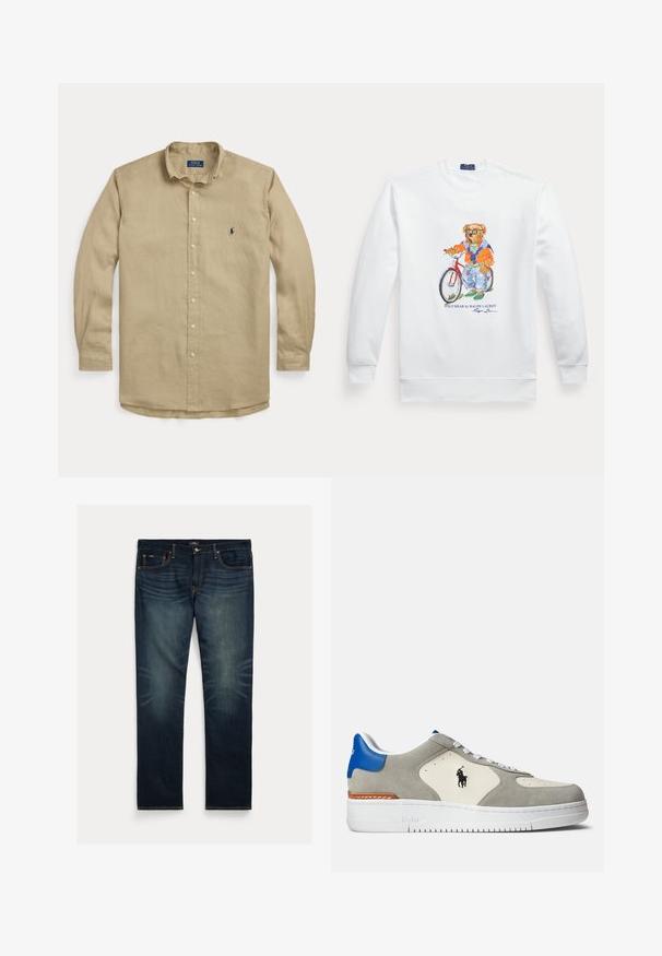 Weißes Sweatshirt mit einem Bild eines Bären, der eine Sonnenbrille, eine orange Jacke und Jeans trägt und neben einem roten Fahrrad steht.; Beige langärmliges Hemd zum Knöpfen mit Kragen, vorderen Knöpfen und kleinem dunkelblau besticktem Logo auf der linken Brust.; Dunkelblaue Jeans aus Denim mit geradem Bein, dezentem Ausbleichen in Kniehöhe und orangen Ziernähten an Taschen und Nähten.; Graue Wildleder- und weiße Leder-Sneaker mit blauen Akzenten, ausgestattet mit einem Logo, weißen Schnürsenkeln und einer strukturierten Gummisohle.