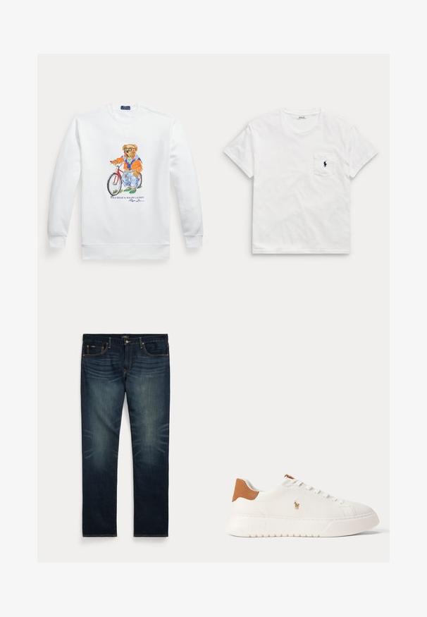 Hvid sweatshirt med en grafik af en bjørn iført solbriller, en orange jakke og jeans, der står ved siden af en rød cykel.; Hvid t-shirt med korte ærmer og rund hals med en brystlomme, der har en lille mørk polo-spiller-logo.; Mørkeblå denimjeans med subtil falming på forreste lår og orange syninger, med knap- og lynlåslukning samt fem lommer.; Hvid lavtop sneaker med tan hælfane, hvide snørebånd og lille broderet polo-spiller logo på siden over en tyk sål.