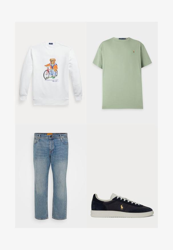 Weißes Sweatshirt mit einem Bild eines Bären, der eine Sonnenbrille, eine orange Jacke und Jeans trägt und neben einem roten Fahrrad steht.; Hellgrünes kurzärmeliges T-Shirt mit Rundhalsausschnitt und kleinem gestickten Polo Ralph Lauren-Logo auf der linken Brust.; Hellblaue Denim-Jeans mit geradem Bein, ausgestattet mit fünf Taschen, einem Knopfverschluss und einem orangefarbigen Markenschild am Bund.; Marineblaue Leder- und Wildledersneaker mit einer weißen Gummisohle, ausgestattet mit einem goldenen Logo und weißen Schnürsenkeln sowie einem strukturierten Design im Obermaterial.