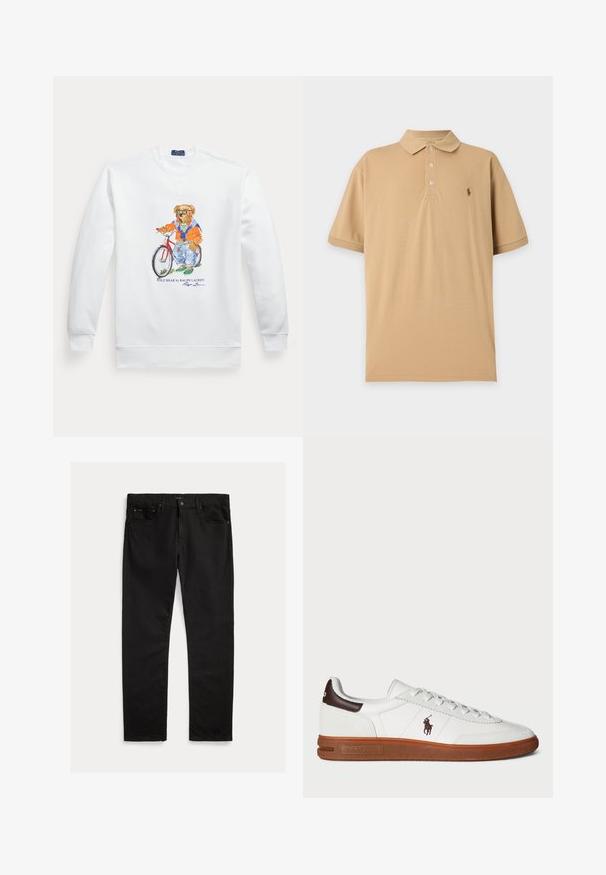 Hvid sweatshirt med en grafik af en bjørn iført solbriller, en orange jakke og jeans, der står ved siden af en rød cykel.; Beige kortærmet polo med tre knapper og lille broderet logo på venstre bryst mod en ensfarvet baggrund.; Sorte denim jeans med lige ben, fem-lomme design og subtil tekstur. Metalknap og lynlås lukning.; Hvide lavtop sneakers med en struktureret læderoverdel, brune detaljer på hælen og en gummisål. Har broderet logo på siden.