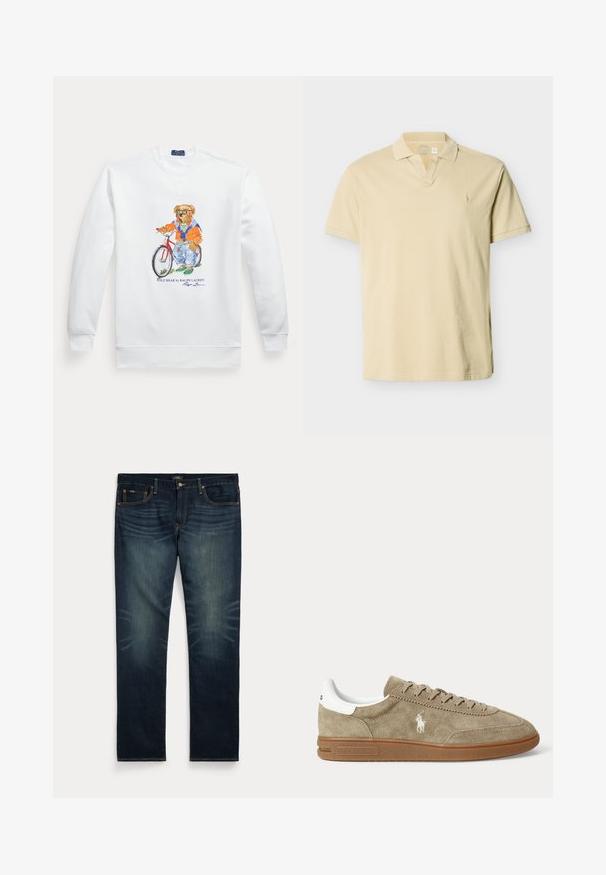 Hvid sweatshirt med en grafik af en bjørn iført solbriller, en orange jakke og jeans, der står ved siden af en rød cykel.; Beige polo skjorte med korte ærmer, ribbet krave, V-formet udskæring og diskret broderet logo på venstre bryst.; Mørkeblå denimjeans med subtil falming på forreste lår og orange syninger, med knap- og lynlåslukning samt fem lommer.; Beige lavskoet ruskindesneaker med brun sål, hvid hældetalje, snørebånd og en hvid broderet polospillerlogo på siden.