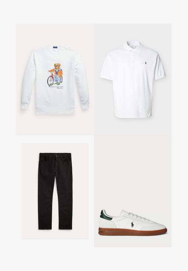 Hvid sweatshirt med en grafik af en bjørn iført solbriller, en orange jakke og jeans, der står ved siden af en rød cykel.; Hvid kortærmet poloshirt med krave, tre knapper og lille mørkeblåt broderet logo på venstre bryst.; Sorte denim jeans med lige ben, fem-lomme design og subtil tekstur. Metalknap og lynlås lukning.; Hvide lædersneakers med grøn hælaccent, tekstureret ruskindspanel, gummisål og broderet logo på siden. Har snørebåndsdesign.