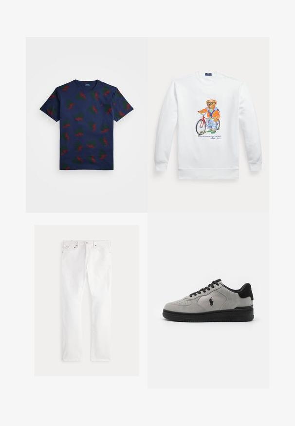 Hvid sweatshirt med en grafik af en bjørn iført solbriller, en orange jakke og jeans, der står ved siden af en rød cykel.; Marineblå bomulds t-shirt med et gentaget mønster af røde og grønne vinge-designs. Har rund hals og korte ærmer.; Hvide denimjeans med lige ben, der har fem lommer, kobberhardware og diskrete syningsdetaljer. Glat tekstur med en ren finish.; Grå ruskinds-sneakers med sorte detaljer, der har et tekstureret stofpanel på siden, rund tå og sort gummisål. Logo broderet på siden.