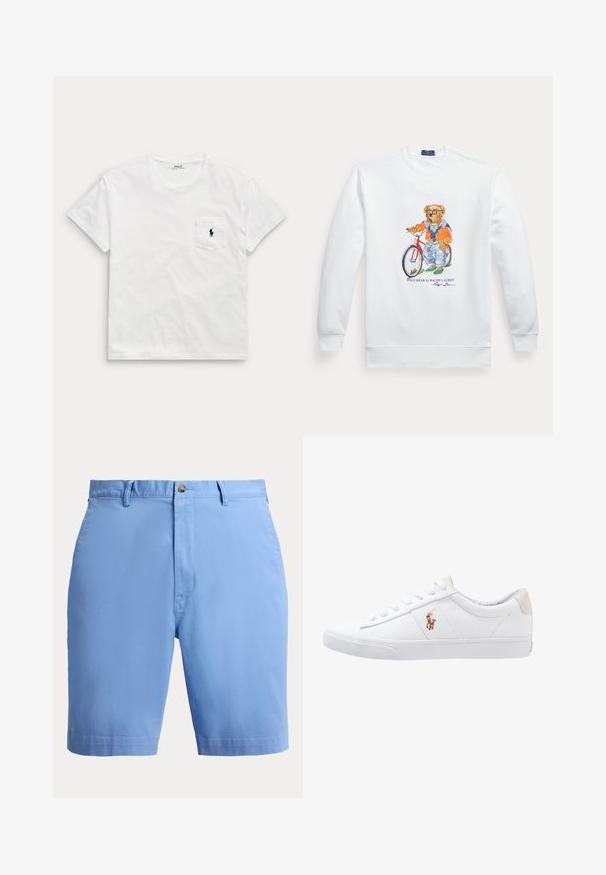 Weißes Sweatshirt mit einem Bild eines Bären, der eine Sonnenbrille, eine orange Jacke und Jeans trägt und neben einem roten Fahrrad steht.; Weißes T-Shirt mit kurzen Ärmeln und Rundhalsausschnitt mit einer Brusttasche, die ein kleines dunkles Polospieler-Logo zeigt.; Hellblaue, maßgeschneiderte Herrenshorts mit Gürtelschlaufen, Knopfverschluss und vorn sichtbaren Taschen.; Weiße Leinensneaker im Low-Top-Design mit einem beigen Ferseneinsatz und einem kleinen gestickten Logo an der Seite. Gummisohle.
