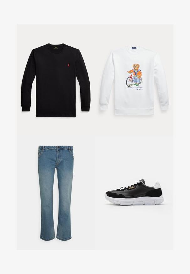Weißes Sweatshirt mit einem Bild eines Bären, der eine Sonnenbrille, eine orange Jacke und Jeans trägt und neben einem roten Fahrrad steht.; Schwarzes Langarmshirt mit Rundhalsausschnitt, kleinem roten gesticktem Logo auf der linken Brust und gerippten Bündchen.; Denim Project PLUS SIZE - Jeans Slim Fit - light blue; Schwarze Sneaker mit Obermaterial aus Leder und Wildleder, weißer Sohle und kontrastierenden Akzenten. Verfügt über ein goldenes Logo und eine Schnürung.