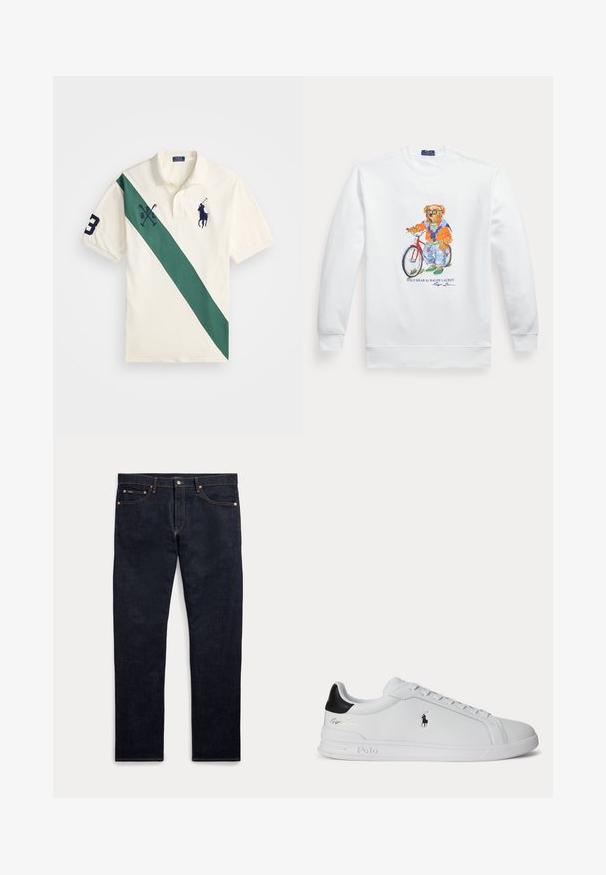 Hvid sweatshirt med en grafik af en bjørn iført solbriller, en orange jakke og jeans, der står ved siden af en rød cykel.; Polo skjorte i cremet farve med en skrå grøn stribe, der har marineblå broderi af en polospiller, "P" logo og nummer "3" på ærmet.; Mørkeblå denimjeans med fem lommer, knap- og lynlås-lukning og synlige gyldne syninger, vist fladt på en lys baggrund.; Hvid lavtop sneaker med sort hælfane, snørebånd og Polo Ralph Lauren-logo på siden, med præget såldetaljer.