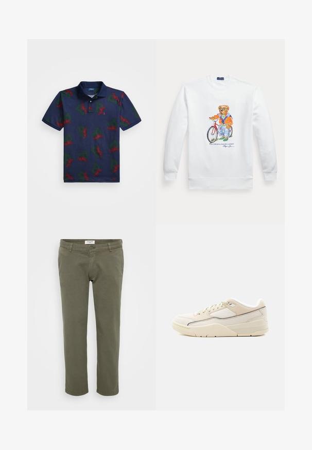 Hvid sweatshirt med en grafik af en bjørn iført solbriller, en orange jakke og jeans, der står ved siden af en rød cykel.; Marine polo skjorte med et alt-over-print af røde vinger og grønne bogstaver "P" på et struktureret stof. Inkluderer en klassisk krave og en tre-knaps knapliste.; Olivengrønne chinos med lige pasform, lavet af bomuld med let struktur, med knaplukning og bæltestropper.; Lavtopet sneaker i cremefarve med beige accenter, snørelukning, polstret krave og tekstureret sål på en ensartet lys baggrund.
