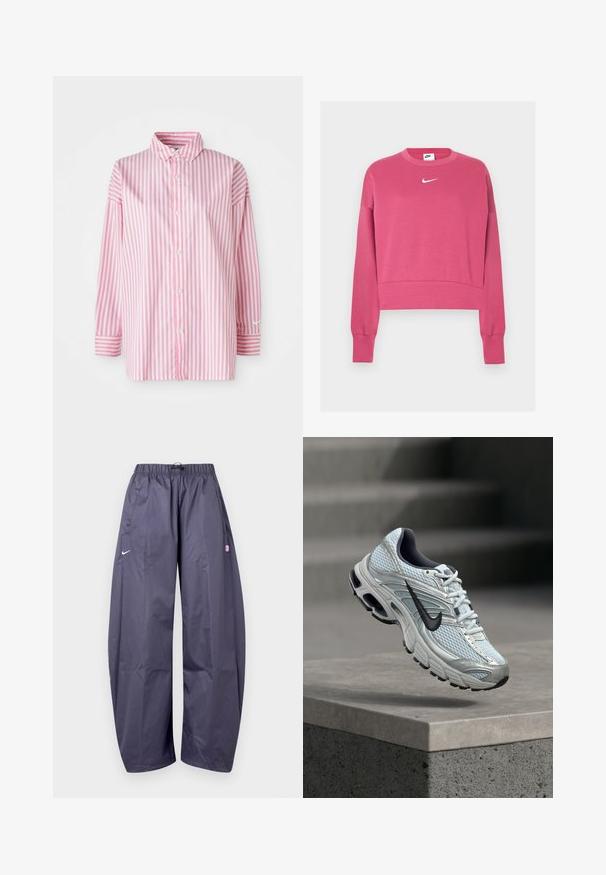 Vaate pinkki lyhyt hihaton collegepaita, joka on valmistettu puuvillasekoitteesta, pitkät hihat, ribbineuleiset hihansuut ja helma, jossa on valkoinen Nike-logo rinnassa.; Raidoitettu nappipaita, jossa on pystysuoria vaaleanpunaisia ja valkoisia raitoja, pitkät hihat ja kynsikuvio, sekä klassinen kaulus. Valmistettu kevyestä kankaasta.; Väljään istuva, tummanharmaa Nike-housut joustavalla vyötärönauhalla, sivutaskuilla ja pienellä vaaleanpunaisella logolla oikeassa reisiosassa.; Valkoinen ja harmaa Nike-juoksukenkä mustalla logolla leijumassa betonireunan yläpuolella sumeaa harmaata taustaa vasten.
