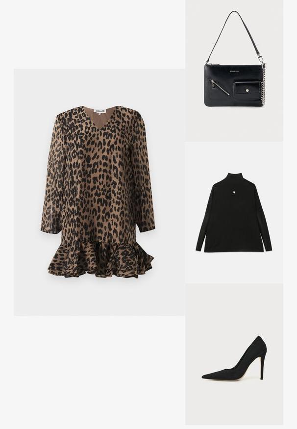 Zwart coltrui met lange mouwen, voorzien van een klein wit hartembleem op de borst. Zacht materiaal en een ontspannen pasvorm.; Leopardprintjurk met een V-hals, lange mouwen en een uitlopende ruffle zoom. Gemaakt van een gladde stof in bruine en zwarte tinten.; Zwarte hoge hakken stiletto pump met spitse neus en een gladde structuur, zijaanzicht op een effen lichte achtergrond.; Zwarte leren schoudertas van Michael Kors met een bovenste rits, een diagonale voorzak met rits, een klepzak met drukknop en een zilverkleurig kettinkdetail.