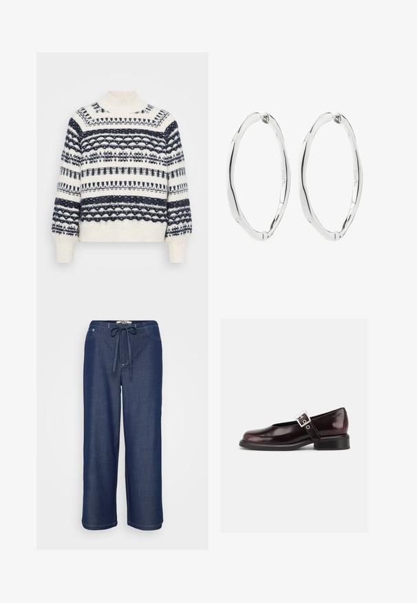 Vero Moda Petite VMHENYA HIGHNECK - Džemper - birch/navy; Tumed sinised laiad püksid paelaga vöös, eesmistest taskutest ja nähtav valge õmblus.; Üksik läikiv tume burgundi Mary Jane jalanõu lai rihma ja hõbedase punniga, madala kand ja ümar ninaga valgel taustal.; Paar poleeritud hõbedast keerdunud ovaalseid rõngakujulisi kõrvarõngaid hinged-kinnitustega, valgel taustal.