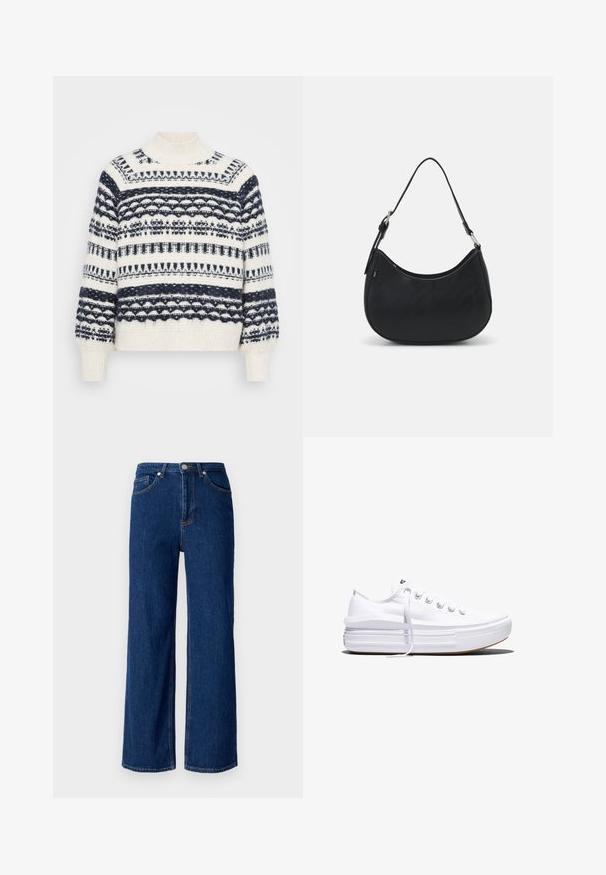 Vero Moda Petite VMHENYA HIGHNECK - Svetrík - birch/navy; Široké denimové džínsy v tmavomodrej farbe, s klasickým piatym vreckom, jemným prešívaním a kovovým gombíkom na zapínaní v páse.; Biela nízka plátenná teniska s hrubou platformovou podrážkou, šnurovaním vpredu a gumovou špičkou s textúrou, zobrazená z bočnej strany.; Čierna taška hobo vyrobená z hladkej kože s prehnutým siluetou, s jedným nastaviteľným popruhom a minimalistickými dizajnovými detailmi.