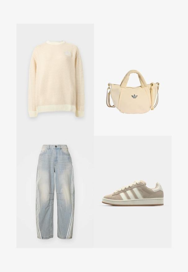 Jersey de punto color crema de manga larga con patrón texturizado, puños y bajo acanalados, y logo sutil en el pecho.; Jeans de denim azul claro con corte holgado, que presentan franjas blancas a los lados, detalles desgastados y un cierre de botón en la cintura.; Zapatillas de ante marrón con rayas y cordones de cuero blanco, suela de goma, cuello acolchado y detalles texturizados en la parte superior.; Pequeño bolso beige de hombro con asas dobles y logo de Adidas en el centro, con una correa desmontable a rayas y cierre de cremallera con detalles dorados.