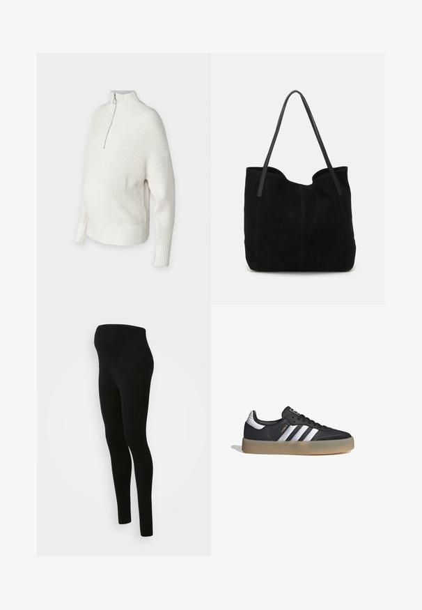Suéter blanco de punto con un cuello alto, media cremallera y puños acanalados. Diseñado con un corte holgado y aberturas laterales para mayor comodidad.; Leggings de maternidad negros con una cinturilla alta y de soporte, textura suave, diseño ajustado y sin patrones ni adornos visibles.; Zapatilla deportiva de cuero negro con tres rayas plateadas, punta texturizada y suela de goma. Cuenta con un collar acolchado y un diseño con cordones.; Bolso de mano de ante negro con dos correas de cuero largas y planas. Presenta un borde superior curvado y costuras visibles en la parte frontal. Sin acentos de metal.