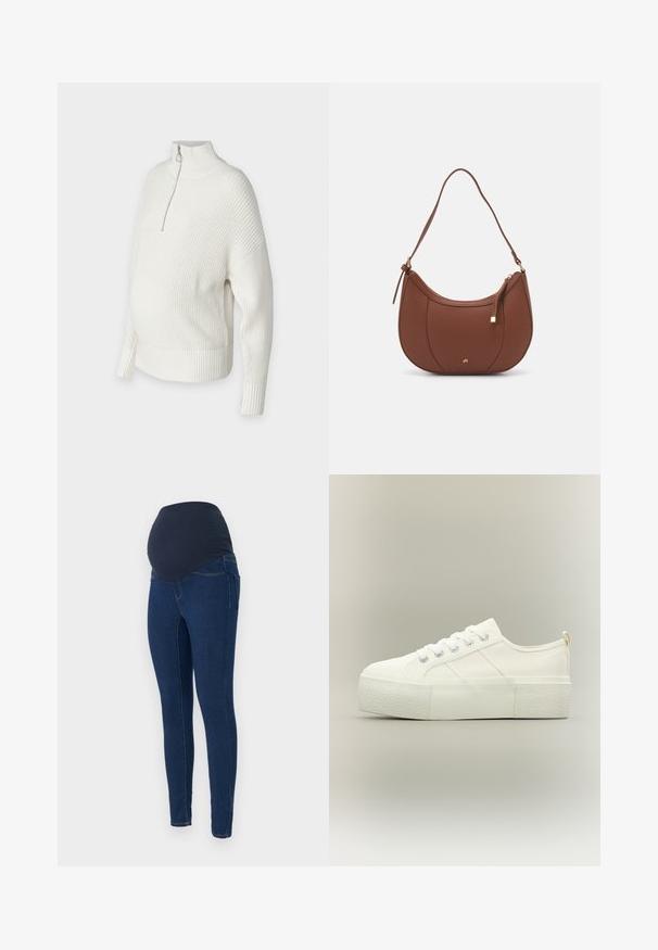 Witte, gebreide trui met een hoge kraag, halve rits en geribde manchetten. Ontworpen met een losse pasvorm en zijsplitten voor extra comfort.; Zwangere jeans in donkerblauwe denim, met een rekbare donkere tailleband en een slim-fit ontwerp met zakken.; Witte platform sneaker met dikke, gestructureerde zool, veters aan de voorkant en subtiele stiksel details op een neutrale achtergrond.; Bruine faux leren schoudertas met een gebogen vorm, minimale stiksels en een gouden hardware-accent. Voorzien van een bovenste ritsluiting en een verstelbare schouderband.