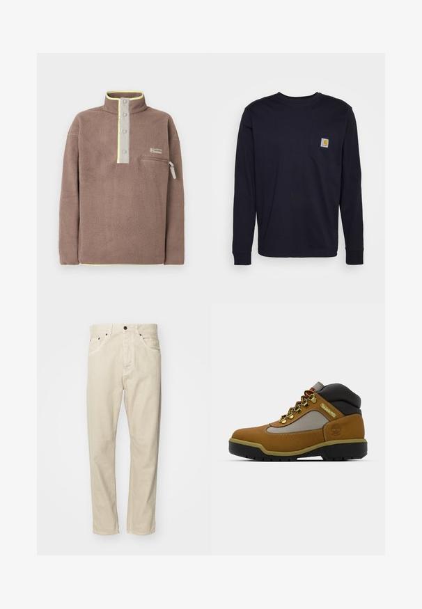 Brauner Fleece-Pullover mit Druckknopfleiste, Reißverschlusstasche auf der Brust und hellgelbem Besatz am Kragen und Saum.; Langärmliges T-Shirt in Marineblau aus Baumwolle mit einer Brusttasche und einem Logo-Patch. Gerader Saum und gerippte Bündchen.; Beige Baumwollhose mit geradem Bein, fünf Taschen und Metallakzenten. Glatte Textur mit minimalen Nähdetails.; Brauner Wanderschuh mit grauen und schwarzen Akzenten, Obermaterial aus strukturiertem Leder, Metallösen und einer robusten Gummisohle für Traktion.