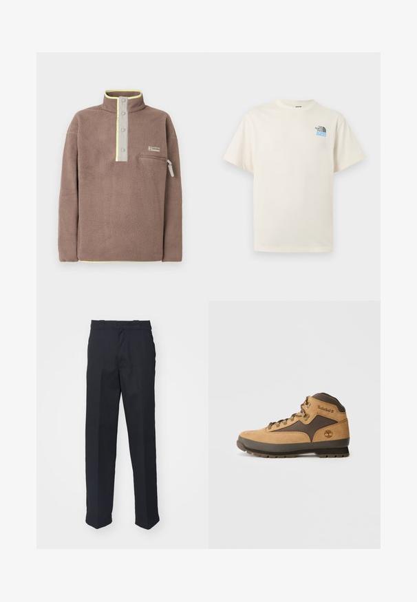 Brauner Fleece-Pullover mit Druckknopfleiste, Reißverschlusstasche auf der Brust und hellgelbem Besatz am Kragen und Saum.; Off-white T-Shirt mit kurzen Ärmeln, Rundhalsausschnitt und kleinem schwarzen und blauen The North Face-Logo auf der linken Brust.; Schwarze maßgeschneiderte Hose mit geradem Schnitt, aus glattem Stoff gefertigt, mit einem Bund mit Gürtelschlaufen und ohne sichtbare Muster oder Beschläge.; Braune Wildleder-Wanderstiefel mit dunkelbraunen Akzenten, Metallösen und rutschfester Sohle. Timberland-Logo auf der Seite geprägt. Mid-Top-Design.