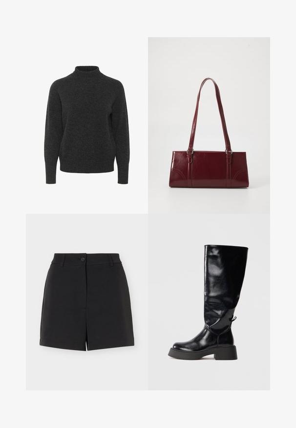 Pull gris foncé avec un col haut et côtelé. Il possède des manches longues et un tissu doux et texturé. Design classique et décontracté.; Shorts noirs sur mesure avec passants de ceinture, fermeture à bouton et détail d'ouverture avant, affichés sur fond blanc.; Bottes en cuir noir jusqu'aux genoux avec une finition brillante, bout rond, talon épais et détail décoratif à l'arrière.; Sac à main bordeaux en matériau brillant, de forme rectangulaire, avec deux anses et des accents légèrement courbés à l'avant.