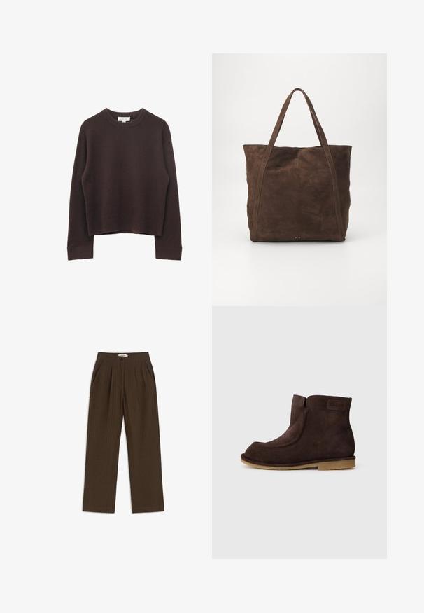 Pull à manches longues, col rond, tricoté en marron foncé avec poignets, ourlet et encolure côtelés, présenté à plat sur un fond blanc.; Pantalon droit marron texturé avec plis à l'avant, poches latérales, fermeture par bouton, et taille avec passants pour ceinture.; Bottes chelsea en suède marron avec un bout rond, des coutures latérales et une semelle en caoutchouc beige à plat. Présente une petite étiquette en cuir sur le côté.; Sac fourre-tout en daim marron avec de longues poignées, présentant un design simple et dépouillé ainsi que de subtils détails de couture aux coutures.