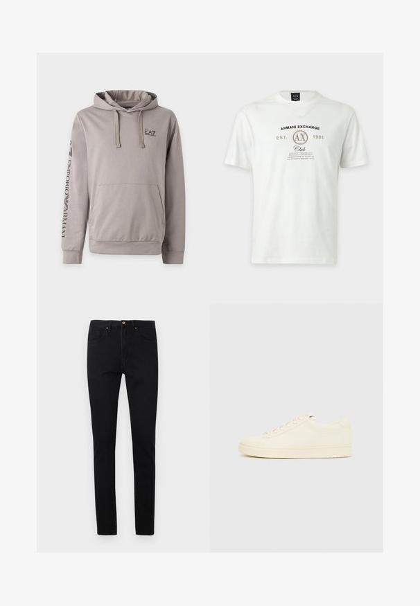 Sweat à capuche gris clair avec poche avant, cordons et logo noir EA7 Emporio Armani sur la poitrine et la manche gauche.; T-shirt blanc à manches courtes Armani Exchange avec logo, "AX," et texte "Armani Exchange Est. 1991 Club Strictly Personal" imprimés sur le devant.; Jean noir coupe slim en denim, doté d'un design classique à cinq poches, de ferrures dorées et d'une texture lisse et uniforme.; Baskets couleur crème avec une tige en cuir lisse, bout arrondi, laçage à l'avant et semelle en caoutchouc texturée. Design minimaliste, sans logo.