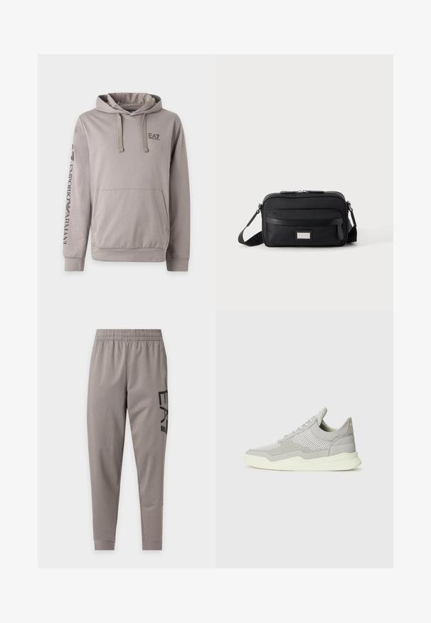 Lysegrå hættetrøje med forlomme, snore og sort EA7 Emporio Armani-logo på bryst og venstre ærme.; Lysegrå taperede joggingbukser med elastisk taljebånd og sort "E A7"-tekst trykt lodret på højre lår.; Grå sneakers med mesh- og ruskindssektioner, gummisål og lyse farver. Har buet design og teksturerede paneler.; Sort rektangulær crossbody-taske med front lynlåslomme, justerbar rem og sølv rektangulært logo mærke på ensfarvet baggrund.