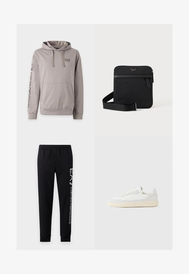 Lichtgrijze capuchontrui met voorzak, trekkoorden en zwart EA7 Emporio Armani-logo op borst en linker mouw.; Zwarte sweatpants van een katoenmix, met een elastische tailleband, taps toelopende benen, ribgebreide boorden en een wit logo-opdruk langs de zijkant.; Witte sneaker met een bovenwerk van gestructureerd suède en leer. Voorzien van een afgeronde neus, vetersluiting en een contrasterende beige rubberen zool.; Zwarte vierkante schoudertas met ritssluiting, voorvak en verstelbare band met geperste merknaam.