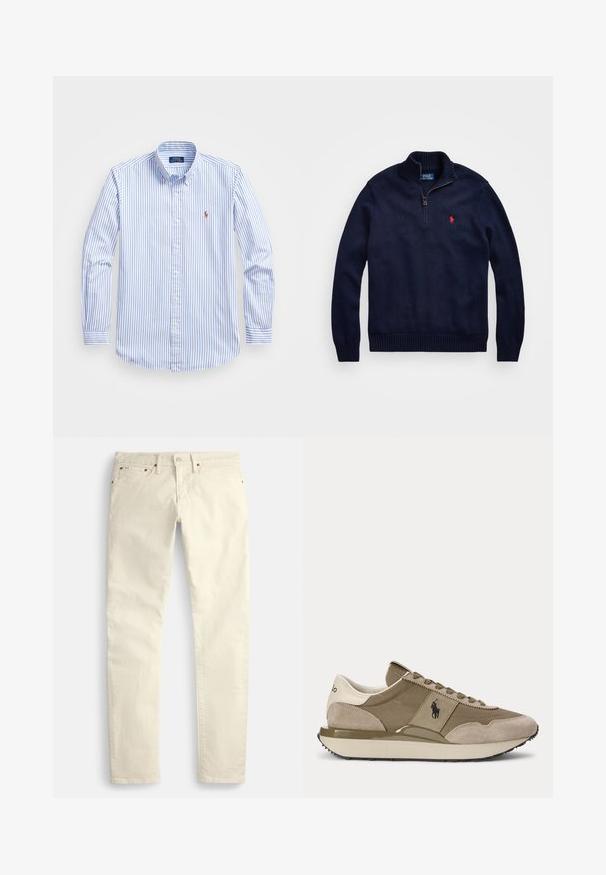 Pull en maille bleu marine avec demi-fermeture éclair, col, poignets et ourlet côtelés, avec un petit logo rouge Polo Ralph Lauren sur la poitrine.; Chemise boutonnée à rayures bleu clair et blanches, avec un col, des manches longues et un petit logo sur la poitrine. Matière en coton.; Pantalon beige clair à jambes droites en tissu texturé. Dispose de cinq poches et de ferrures métalliques marron. Aucun motif ou accent visible.; Vue latérale d'une basket beige et marron avec des accents en daim et le logo Polo sur le côté, sur un fond uni.