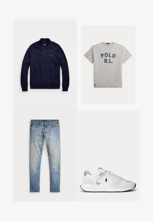 Marineblå strikket half-zip sweater med ribkantet krave, manchetter og kant, med lille rødt Polo Ralph Lauren-logo på brystet.; Lysegrå T-shirt med korte ærmer og rund hals, med mørkeblå "POLO R.L." tekst på brystet og lille broderet logo nær nederste kant.; Lys blå denimjeans med en falmet finish, fem-lomme design og kontraststing. Har lynlås og bæltesløjfer. Lige pasform.; Hvid lavtopet sneaker med snørelukning, sort logo på siden, grå accenter og tyk hvid sål med sort slidbane.