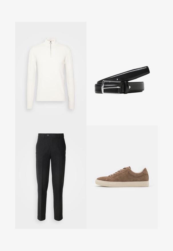 Witte langemouwen pullover van gestructureerde stof, met een hoge kraag en een zilveren ritsluiting met een ronde trekhaak.; Lindbergh Broek - black melange; Bruine suède casual sneakers met een lage profiel, platte beige rubberen zool en zes vetersluitingen. Rond neuspunt en minimalistisch ontwerp.; Zwarte leren riem met een glanzende zilveren metalen gesp, een gladde textuur en meerdere verstelgaten langs de riem.