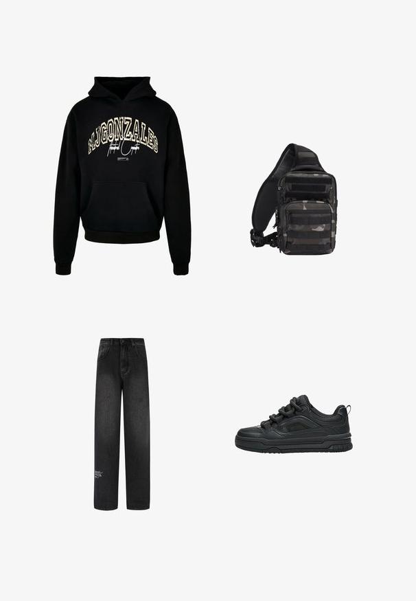 Sort hættejakke med "MJGONZALES" i slidt cremegul skrift og en frontlomme. Blødt stof med ribkantede ærmer og kant.; Sorte denim bukser med bred benvidde og høj talje, med to forlommer og en dekorativ logodetalje på det nederste ben.; Sort lavtop sneaker med tyk sål, polstret krave, mesh paneler og chunky snørebånd vist mod en hvid baggrund.; Kompakt sort og gråt kamouflagemønster taktisk skuldertaske med flere lynlåslommer og justerbar polstret skulderrem.