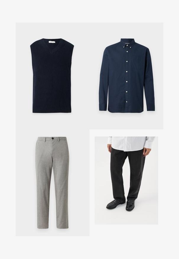 Marineblaue ärmellose gestrickte Sweaterweste mit V-Ausschnitt und geripptem Saum, auf einfachem hellem Hintergrund dargestellt.; Navyblaues Langarmhemd aus leichtem Stoff mit Button-Down-Kragen, Brusttasche und weißen Knöpfen. Glatte Textur.; Graue gewebte Hose mit geradem Schnitt, ausgestattet mit einem Knopfverschluss und Gürtelschlaufen; glatte Textur und leichter Stoff für legere Anlässe.; Schwarze Jeans kombiniert mit glänzenden schwarzen Slippern. Das Hemd ist weiß mit dünnen vertikalen Streifen, hat lange Ärmel und einen geknöpften Kragen.