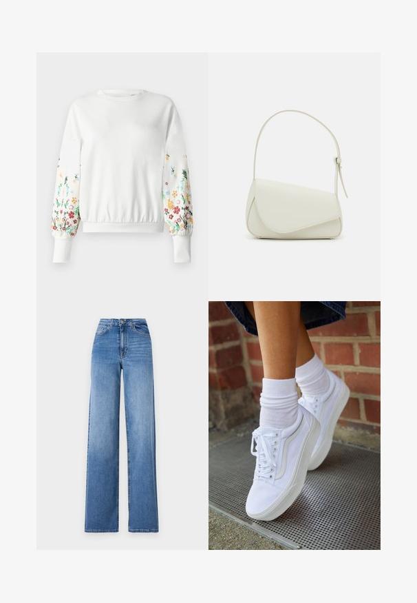Hvid sweatshirt med rund halsudskæring og ribstrikkede manchetter, der har farverig blomsterbroderi langs ærmerne i forskellige nuancer.; Lyseblå vide denimbukser med høj talje, frontlommer og standard knaplukning. Glat tekstur.; Hvide lærreds sneakers med gummisåler, der har seks snørehuller, rund tå og let sømdetaljer, krydret med hvide ankelstrømper.; Hvid taske i faux læder med en struktureret trekantet form, enkelt justerbart skulderstrop og en flaplås med kurver.
