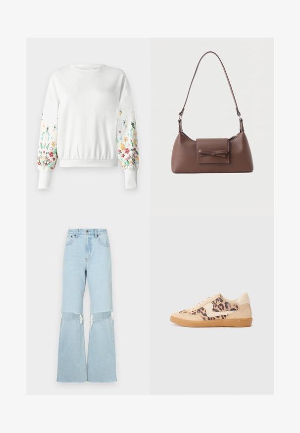 Sweatshirt blanc à col rond et poignets côtelés, orné de broderies florales colorées le long des manches dans diverses teintes.; Jean en denim bleu clair, large et à taille haute, avec découpes aux genoux et ourlets effilochés. Fermeture éclair et bouton à l'avant, design classique à cinq poches.; Baskets en imprimé léopard avec tige en suède beige, semelle en caoutchouc tan et accents blancs. Bout rond et design à lacets avec une finition texturée.; Sac à bandoulière en cuir marron avec une poche à rabat avant ornée d'un détail en forme de nœud cousu et une sangle réglable.