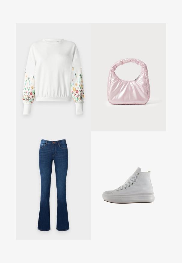 Witte sweatshirt met ronde halslijn en ribgebreide manchetten, voorzien van kleurrijke bloemembroidered langs de mouwen in verschillende tinten.; Uitlopende blauwe denim jeans met een middelhoge taille, voorzien van voor- en achterzakken, oranje stiksels en een knoopsluiting.; Witte hoge canvas sneaker met witte veters, metalen oogjes, dikke rubberen zool en gestructureerde neuskap, naar links gericht op een witte achtergrond.; Roze, gevoerde handtas met een afgeronde vorm, gemaakt van glanzend materiaal. Beschikt over een geplooide handgreep en een ritssluiting voor veilige toegang.
