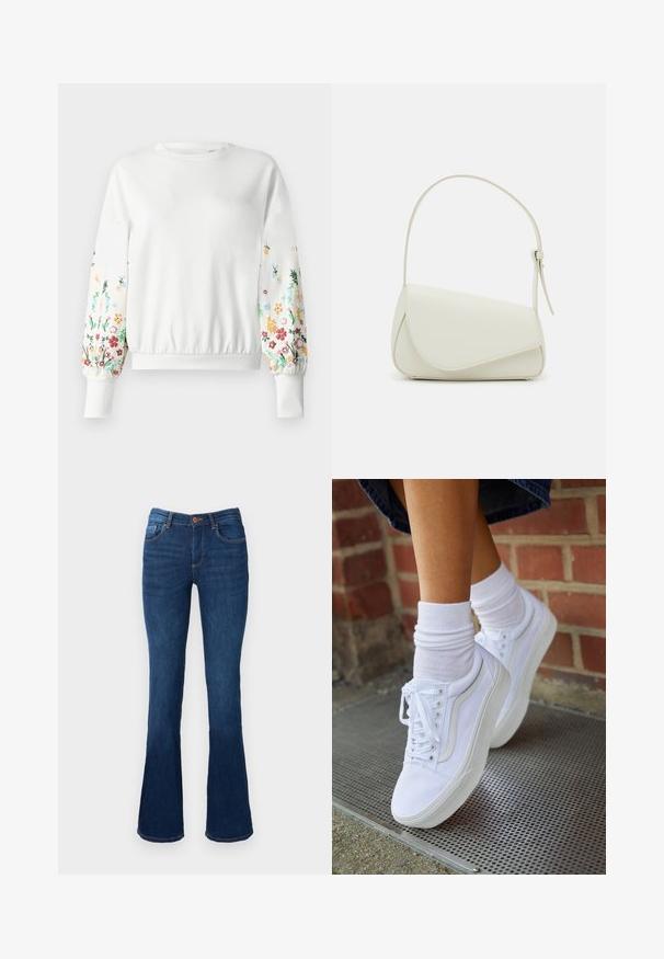 Hvid sweatshirt med rund halsudskæring og ribstrikkede manchetter, der har farverig blomsterbroderi langs ærmerne i forskellige nuancer.; Bredde denim jeans i blå farve med mid-rise talje, der har for- og baglommer, orange syninger og knaplukning.; Hvide lærreds sneakers med gummisåler, der har seks snørehuller, rund tå og let sømdetaljer, krydret med hvide ankelstrømper.; Hvid taske i faux læder med en struktureret trekantet form, enkelt justerbart skulderstrop og en flaplås med kurver.