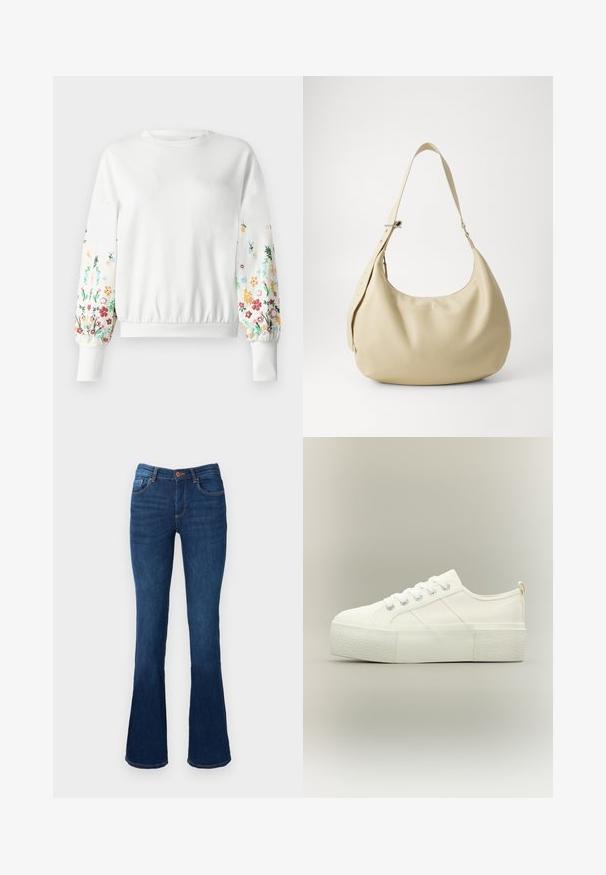 Witte sweatshirt met ronde halslijn en ribgebreide manchetten, voorzien van kleurrijke bloemembroidered langs de mouwen in verschillende tinten.; Uitlopende blauwe denim jeans met een middelhoge taille, voorzien van voor- en achterzakken, oranje stiksels en een knoopsluiting.; Witte platform sneaker met dikke, gestructureerde zool, veters aan de voorkant en subtiele stiksel details op een neutrale achtergrond.; Beige leren schoudertas met een gebogen vorm, verstelbare schouderband en reliëf logo detail, met een gladde textuur en een minimalistisch ontwerp.